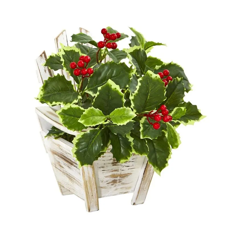 11"  Variegated Holly Leaf Artificial Plant in Chair Planter (Real Touch)