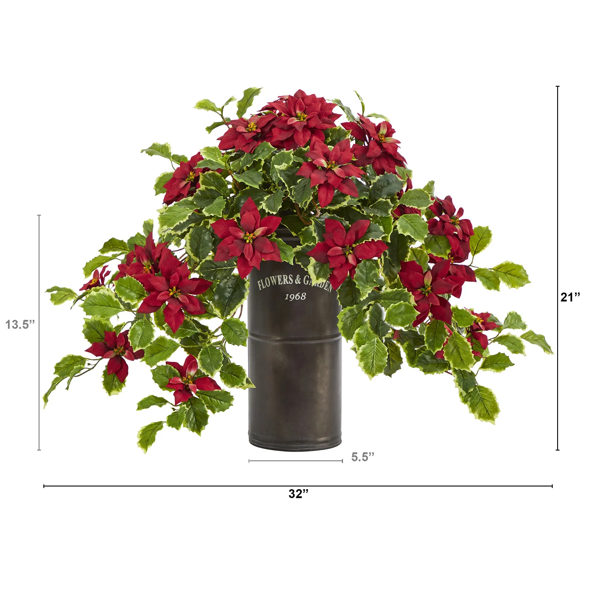 21" Artificial Poinsettia & Variegated Holly Flower w/Pot - Low Maintenance, Life-Like & Vibrant Silk Flowers For Busy People.