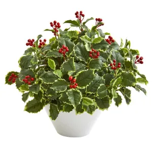 22"  Variegated Holly Leaf Artificial Plant in White Vase (Real Touch)