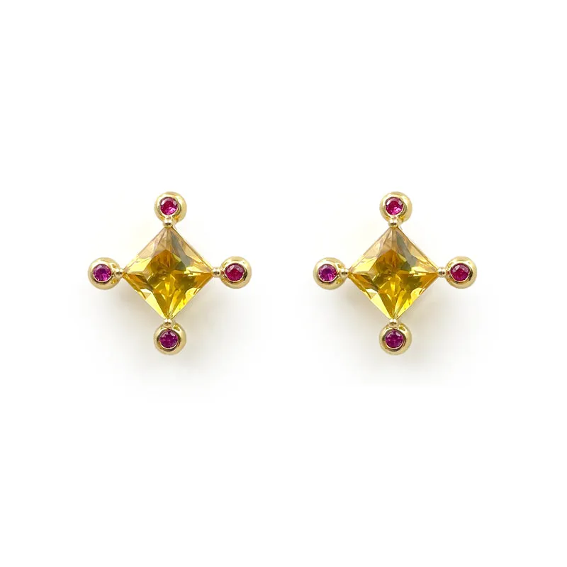 Ame Collection Earrings 5 - Detachable earrings in 18K yellow gold with Citrine, Ruby and Seraphinite