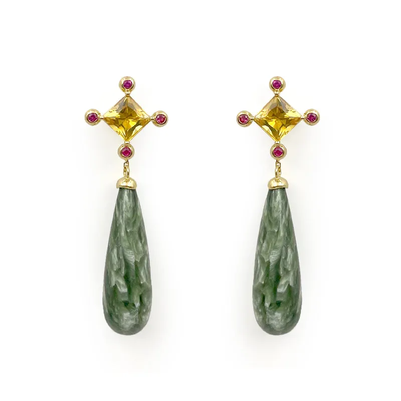 Ame Collection Earrings 5 - Detachable earrings in 18K yellow gold with Citrine, Ruby and Seraphinite