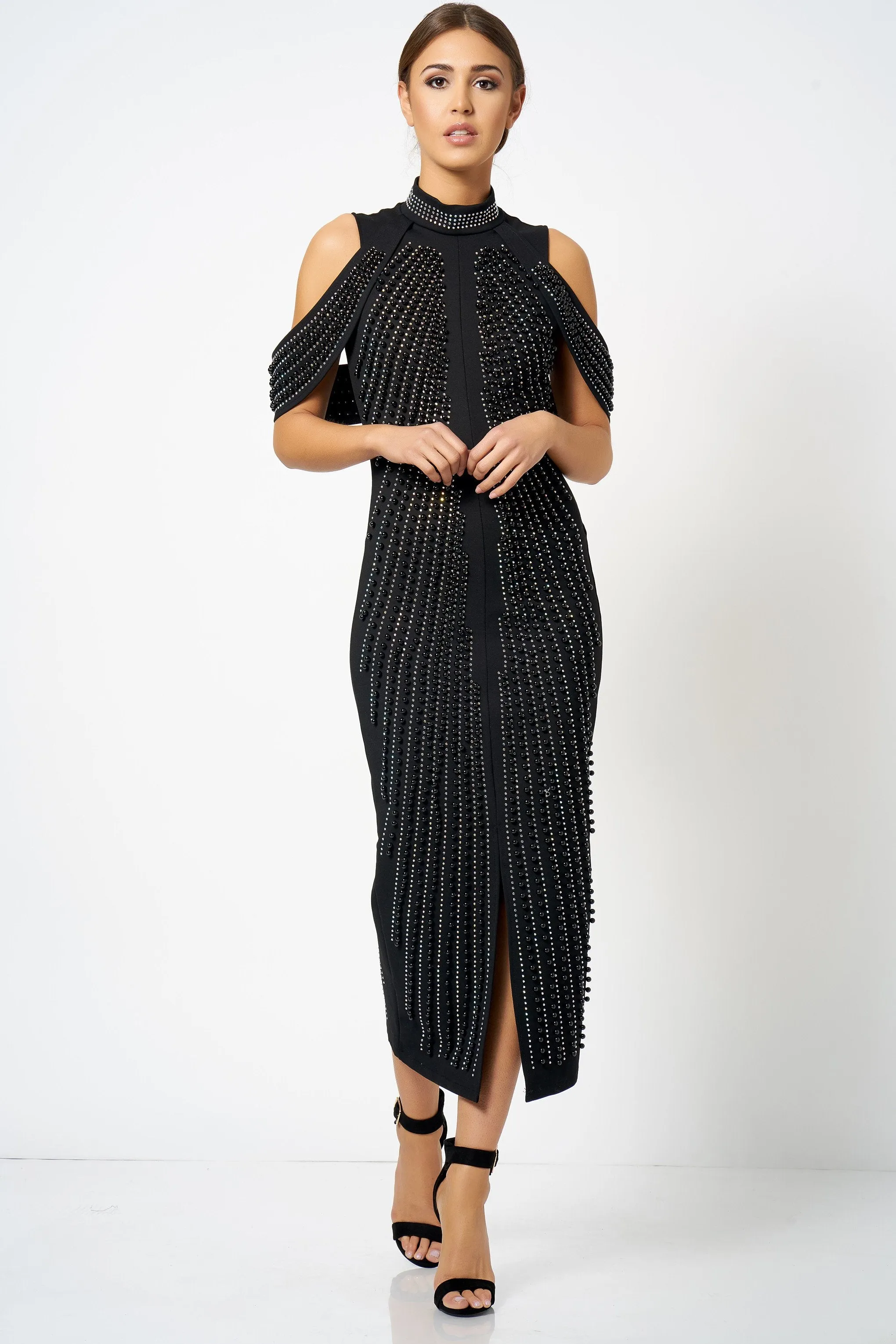 Black Embellished Split Front Maxi Dress