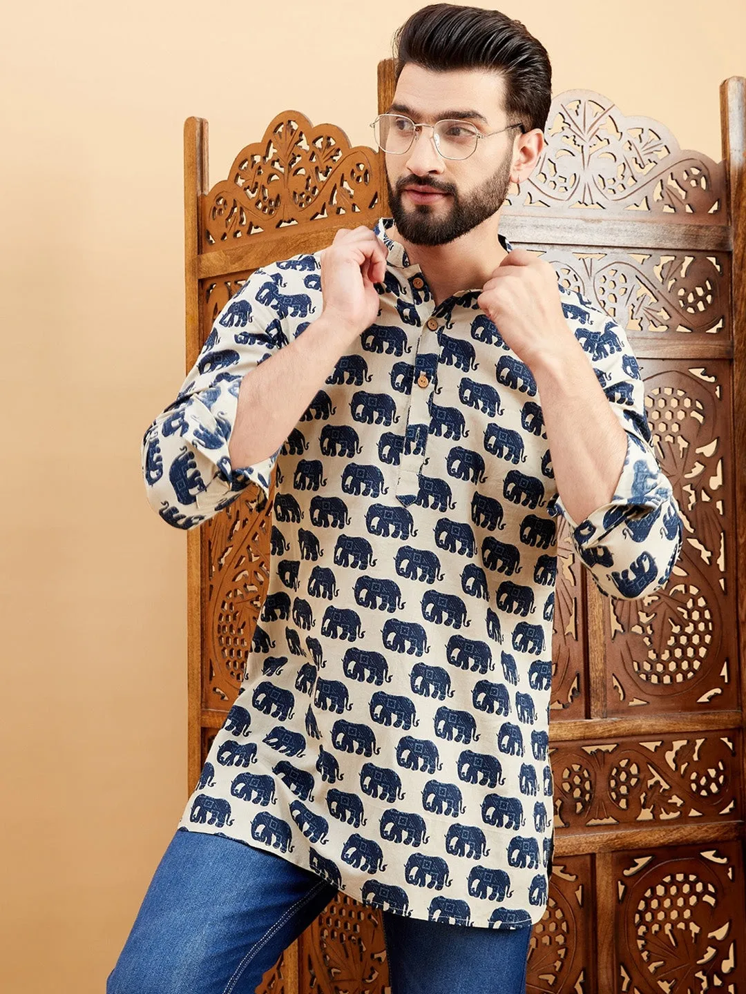 Blue Ethnic Motifs Printed Mandarin Collar Cotton Curved Thread Work Kurta