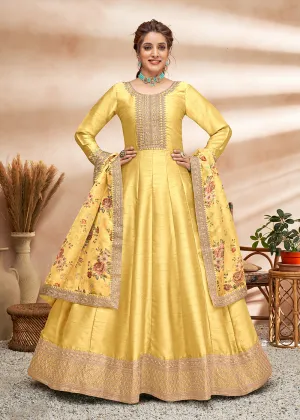 Cute Yellow Art Silk Embellished Wedding & Party Wear Anarkali