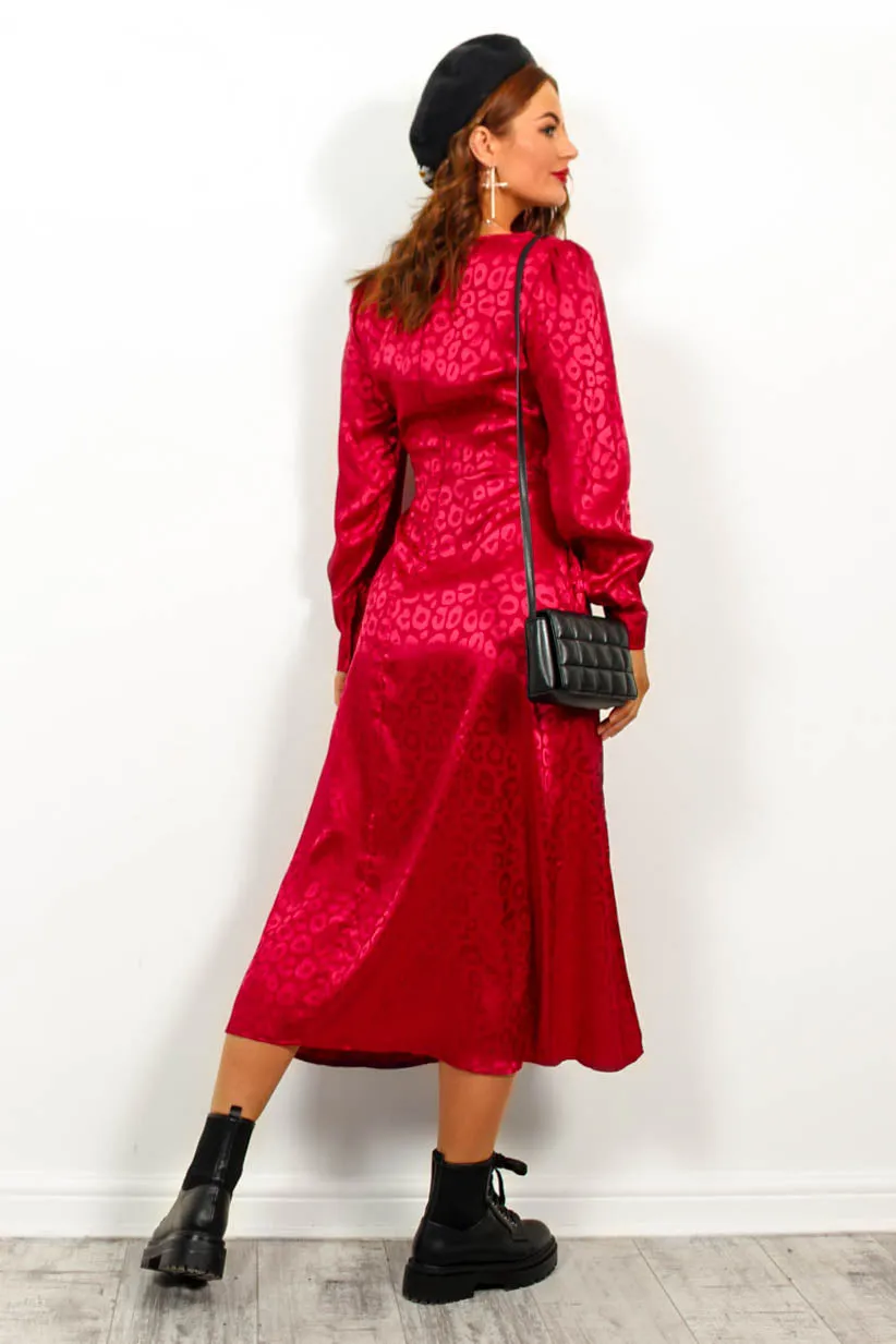 Dont Give A Glam - Wine Jacquard Leopard Midi Dress