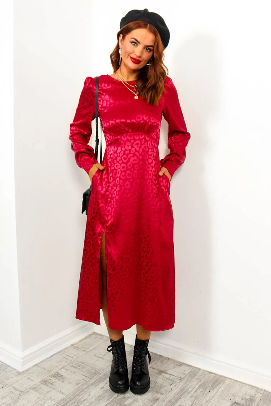 Dont Give A Glam - Wine Jacquard Leopard Midi Dress