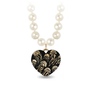 Jellyfish 14K Gold Large Puffed Heart Talisman On Knotted Freshwater Pearl Necklace