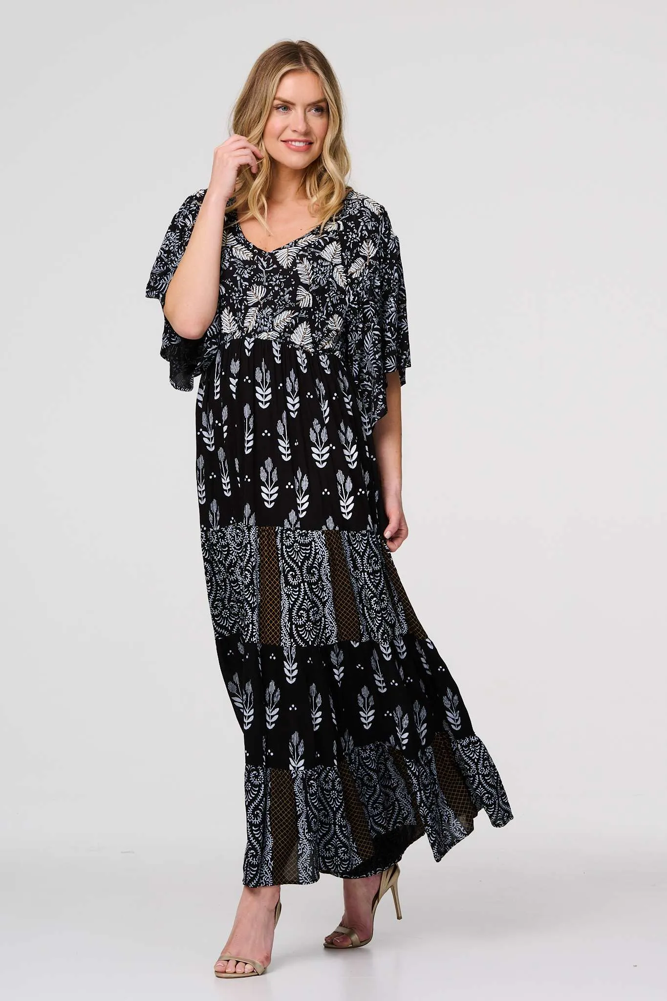 Leaf Print 3/4 Kimono Sleeve Maxi Dress