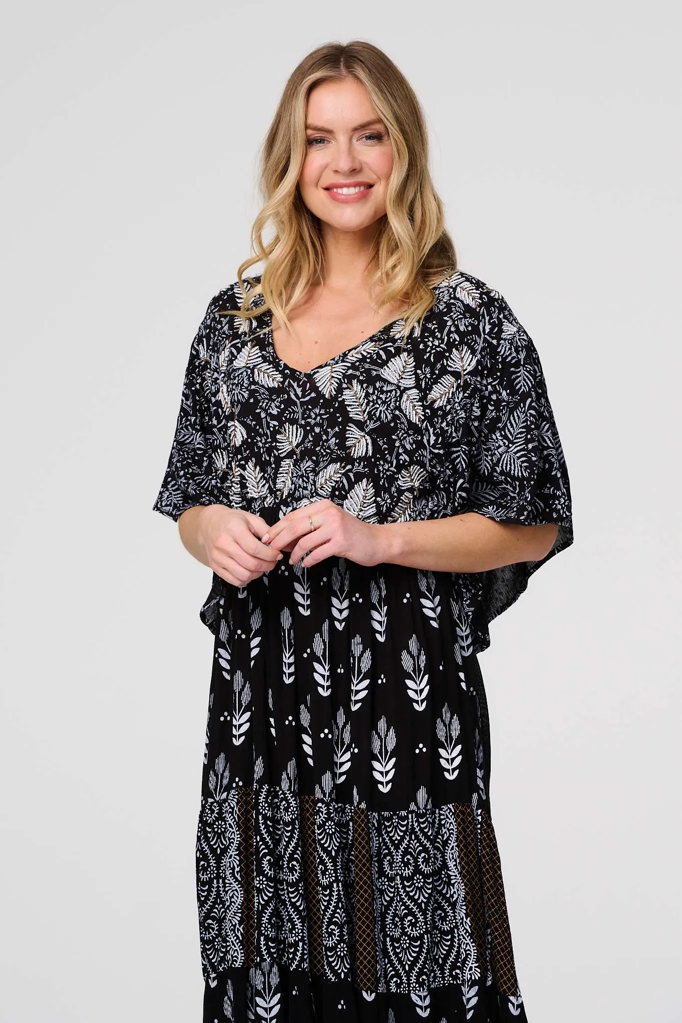 Leaf Print 3/4 Kimono Sleeve Maxi Dress