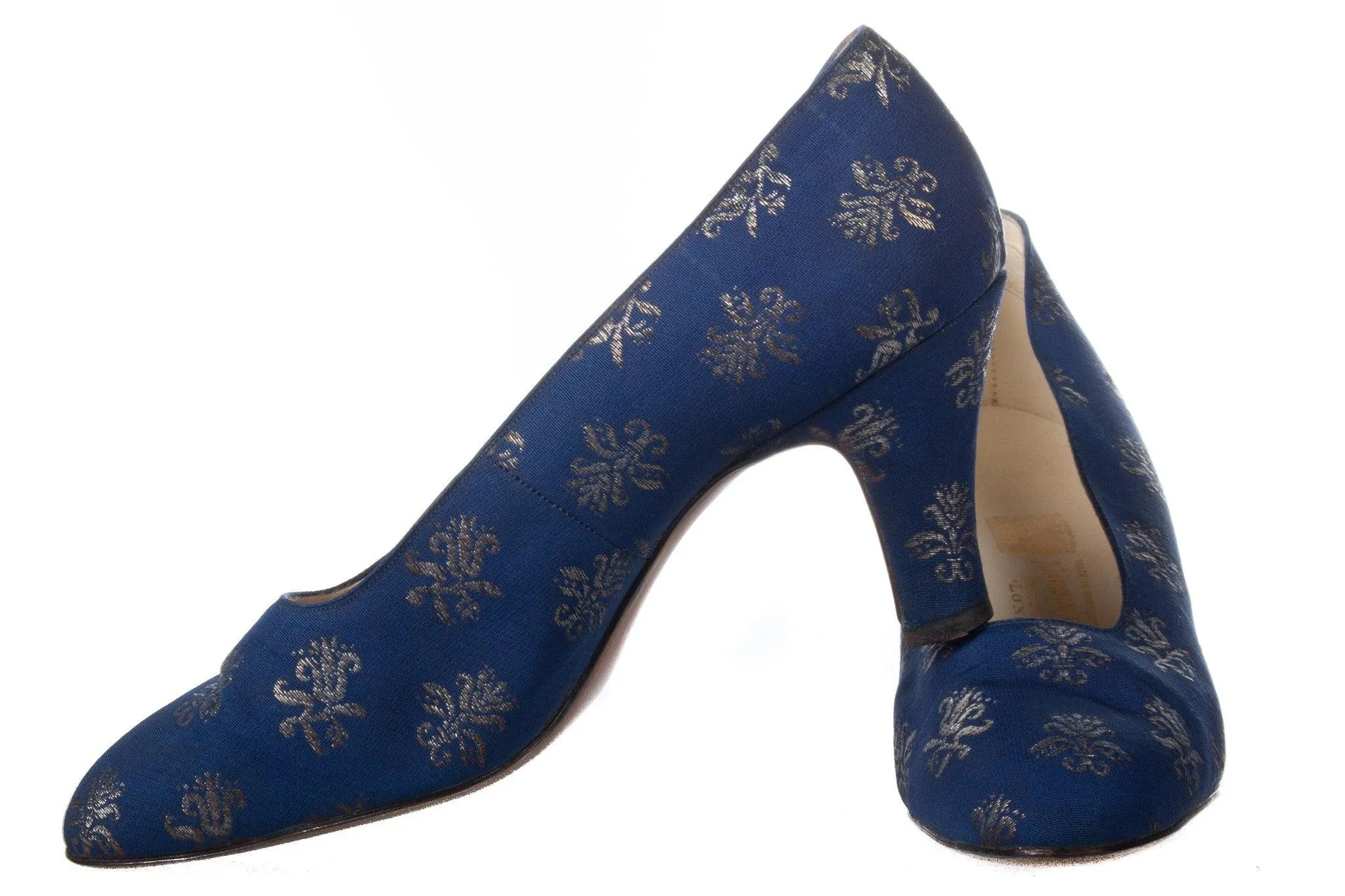 Marshall and Snellgrove Vintage Blue and Gold Brocade Shoes set UK Size 4.