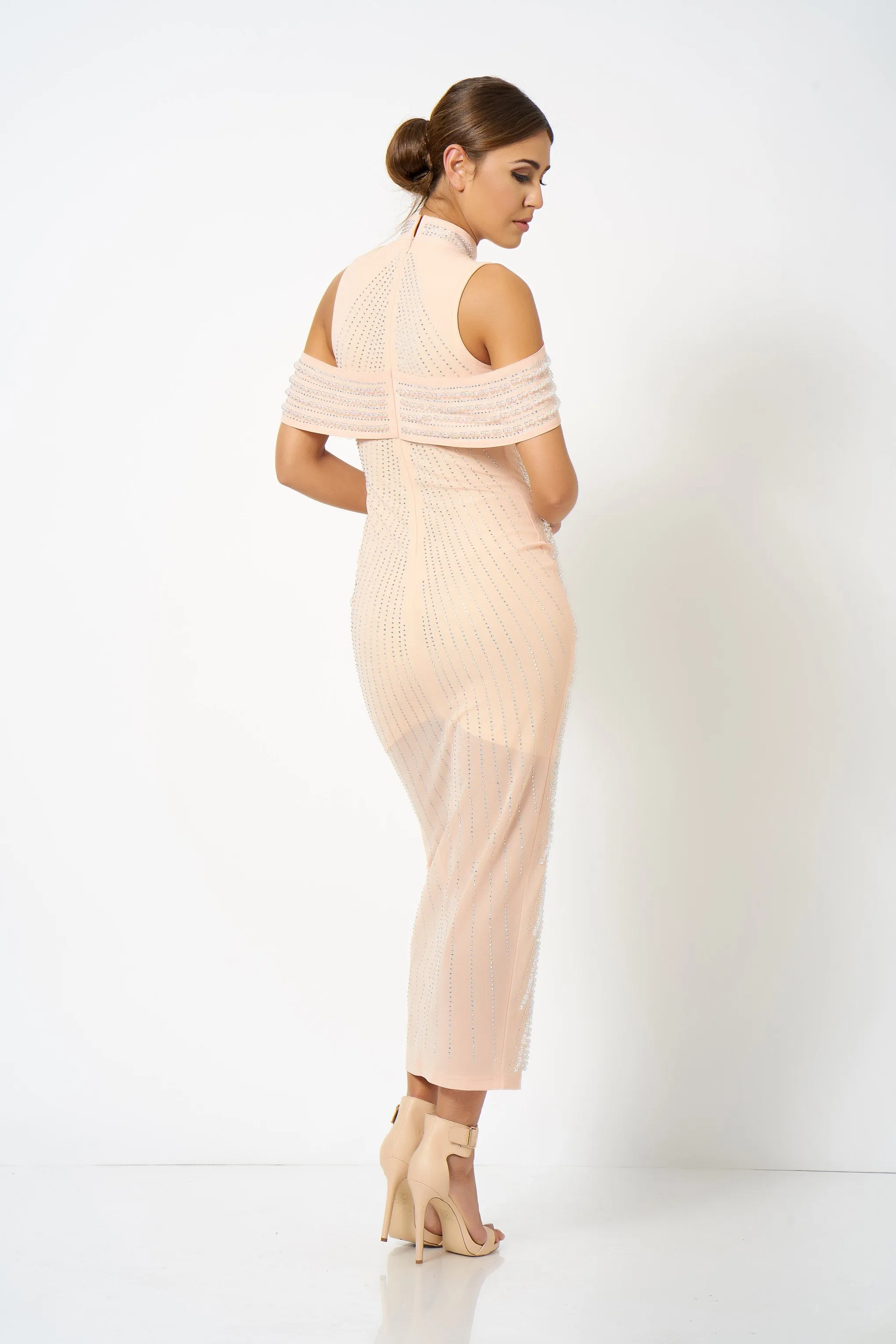 Nude Pink Embellished Split Front Maxi Dress