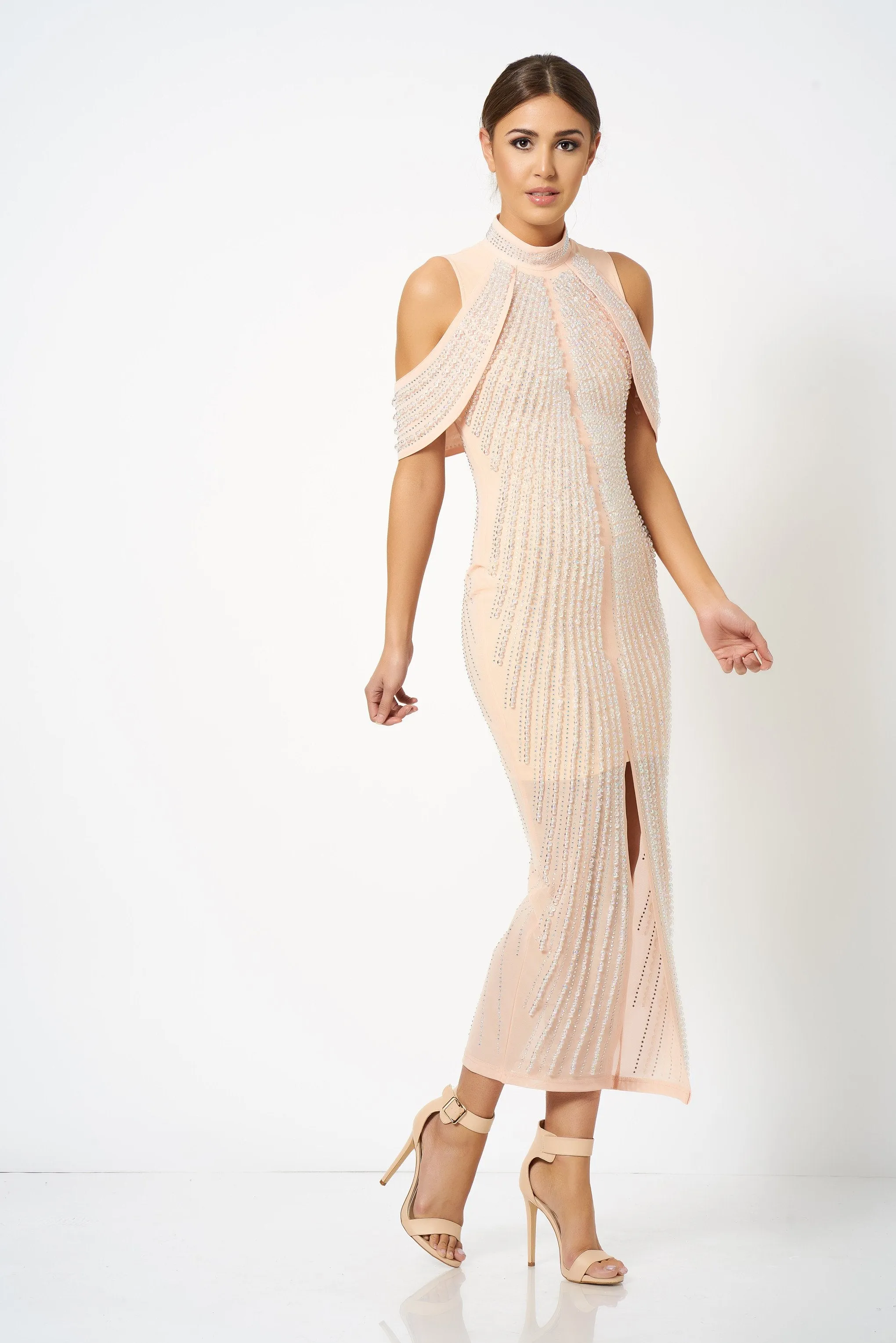 Nude Pink Embellished Split Front Maxi Dress