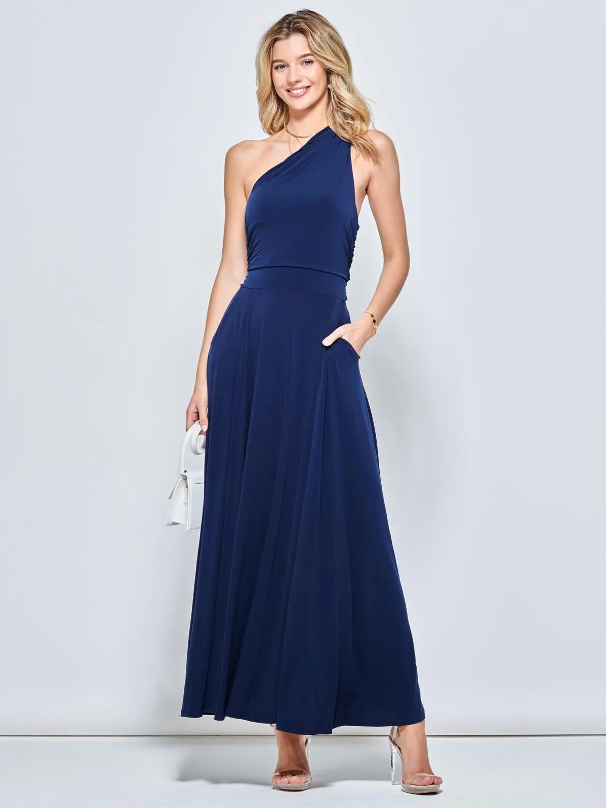 One Shoulder Jersey Maxi Dress, Navy