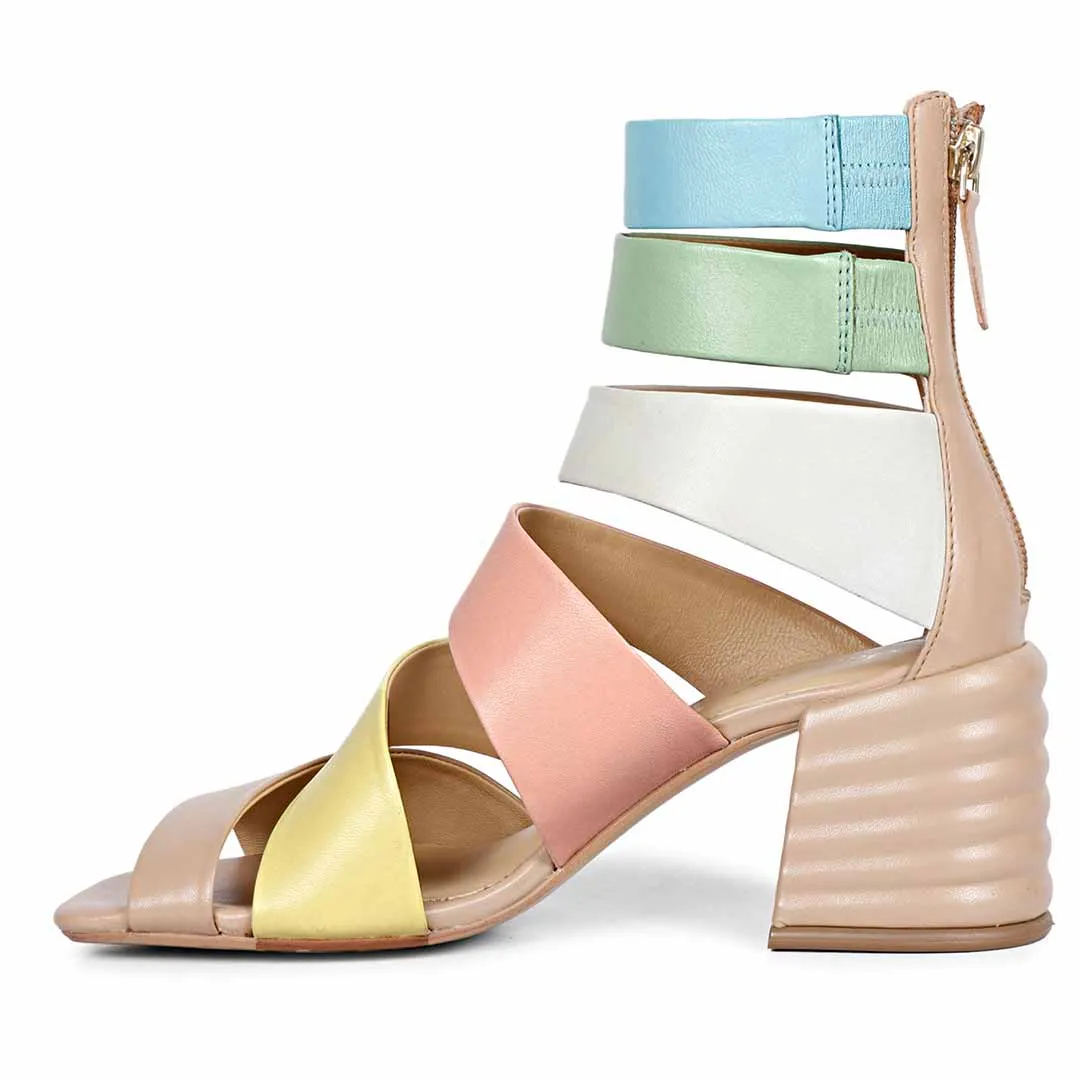 Saint Elena Multicolor Handcrafted Leather Strappy Block Heels