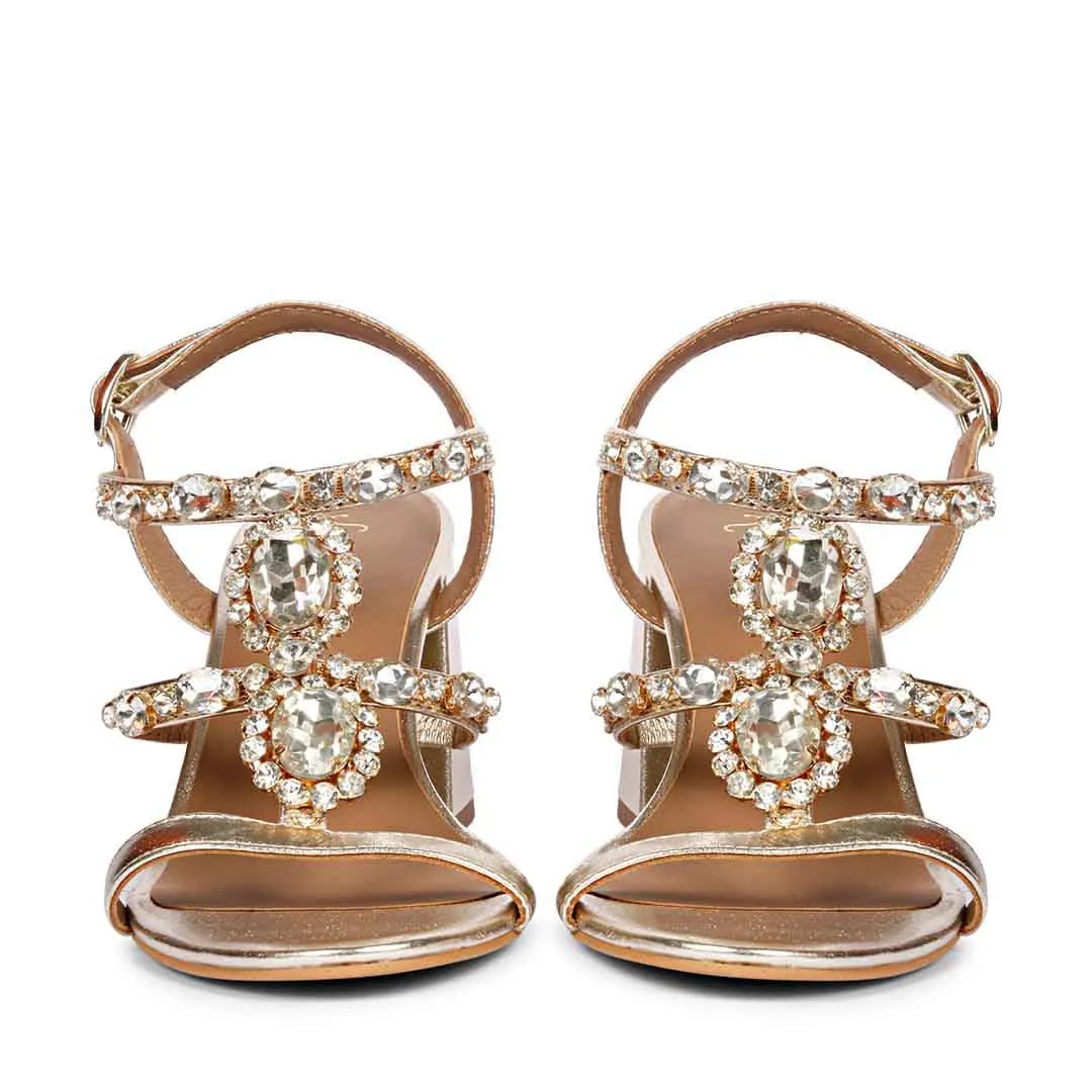 Saint Enriqueta Stone Adorned Platin Leather Block Heels