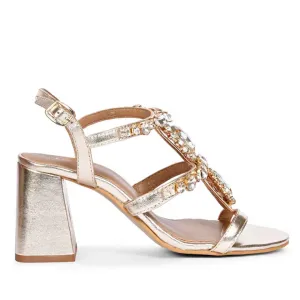 Saint Enriqueta Stone Adorned Platin Leather Block Heels