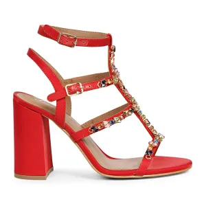 Saint Gretel Multi Stone Embellished Red Cage Block Heels