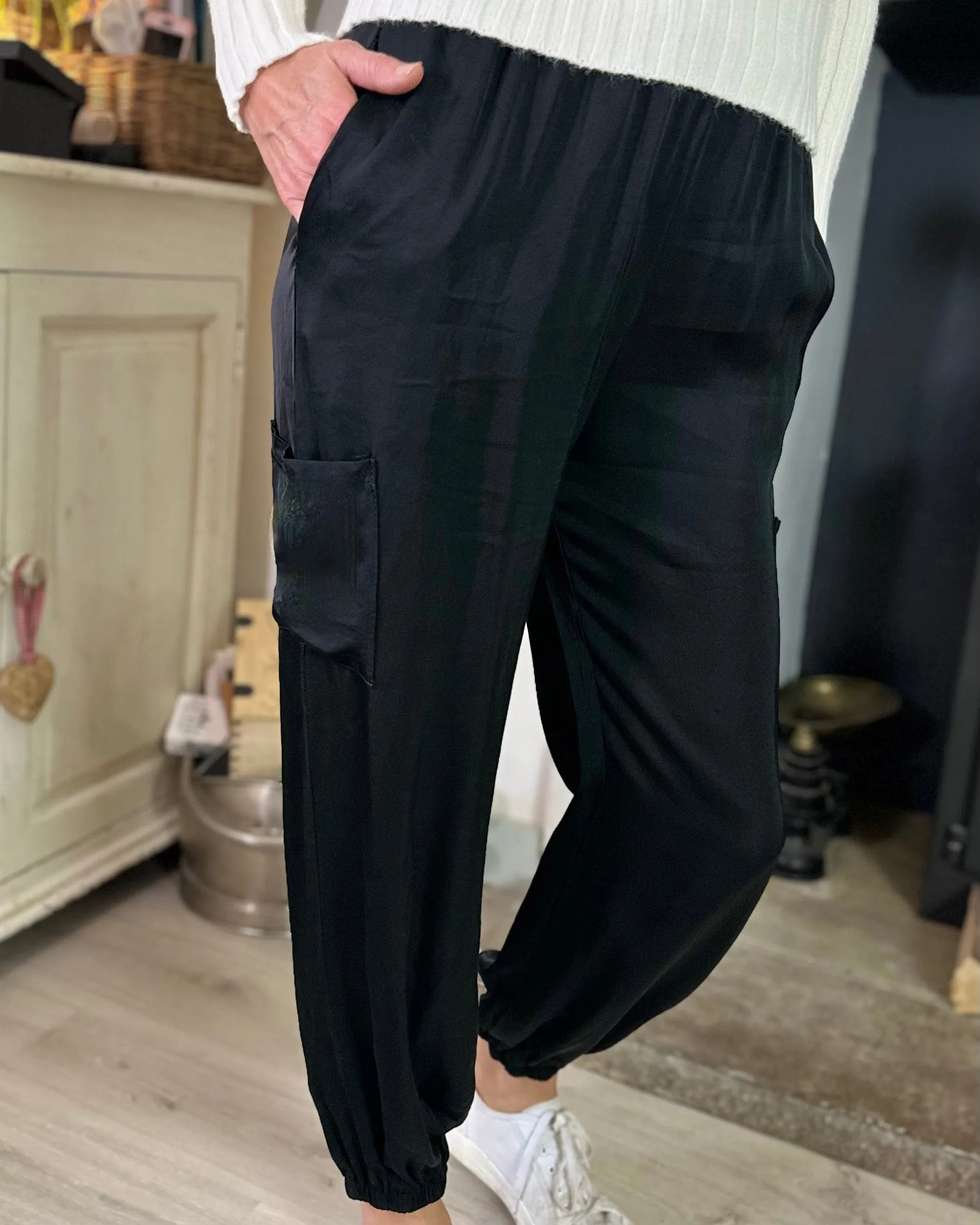 Satin Cargo Style Trousers - Black