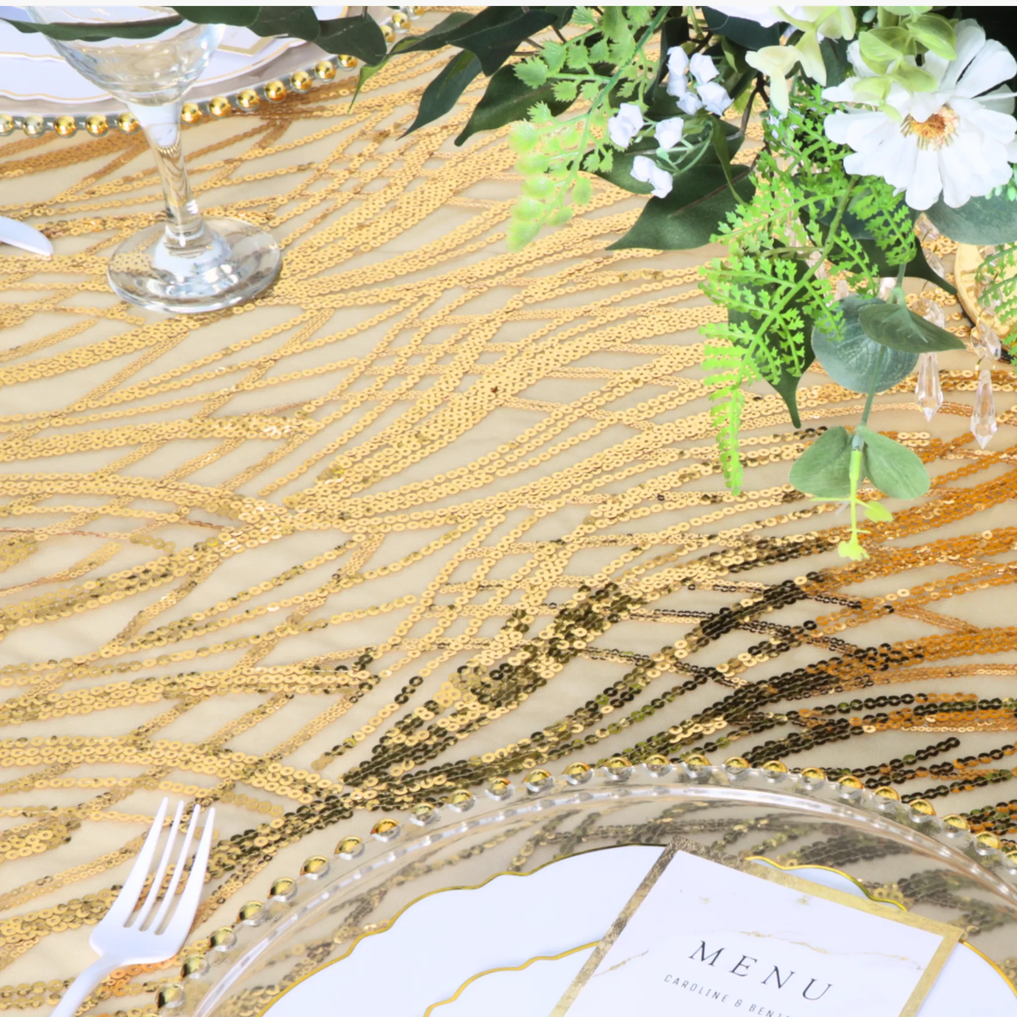 Wave Sequin Mesh Tablecloth 120" Round - Gold